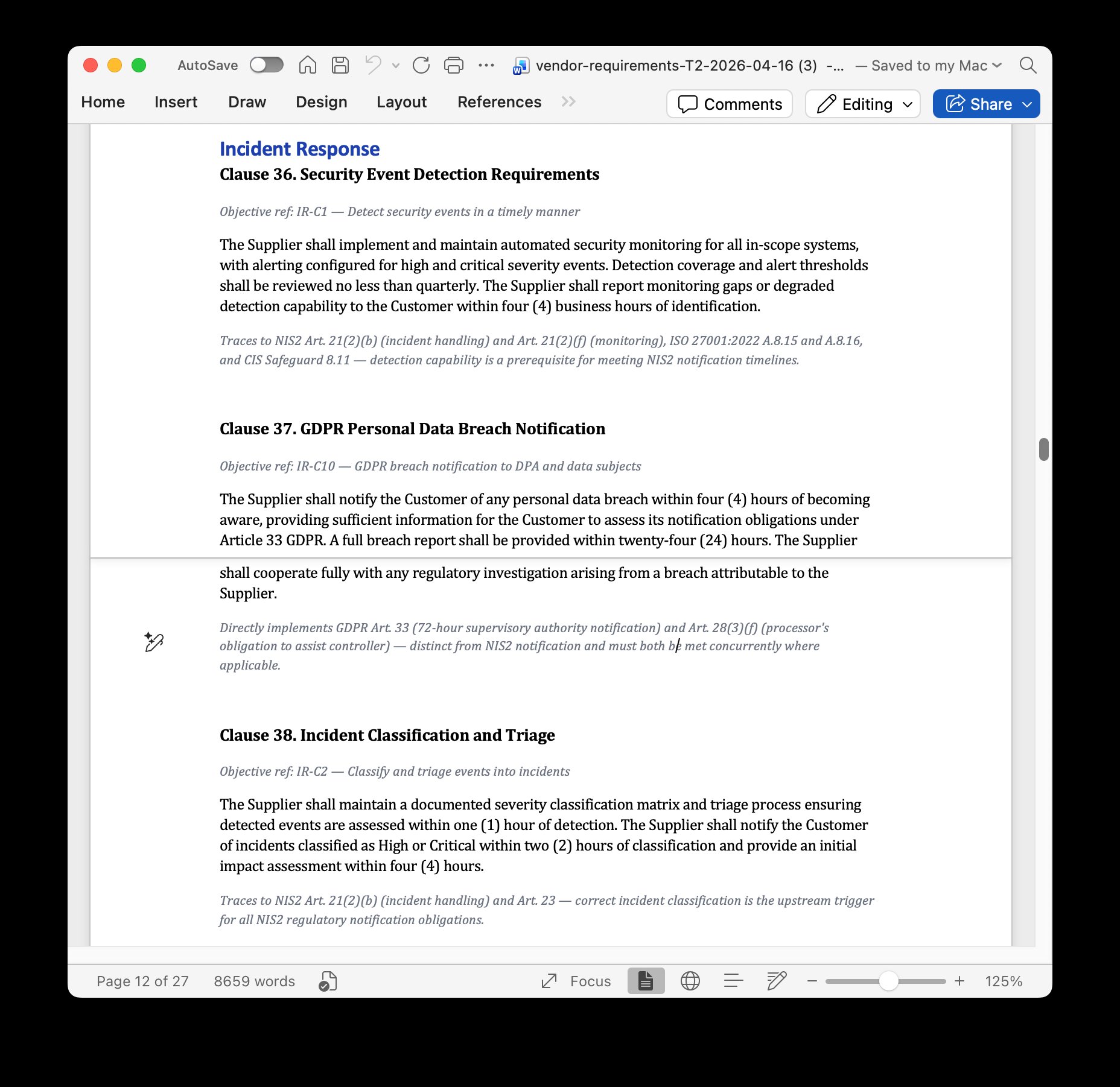 Vendor requirements Word document generated by ComplianceChain showing NIS2 incident notification timelines